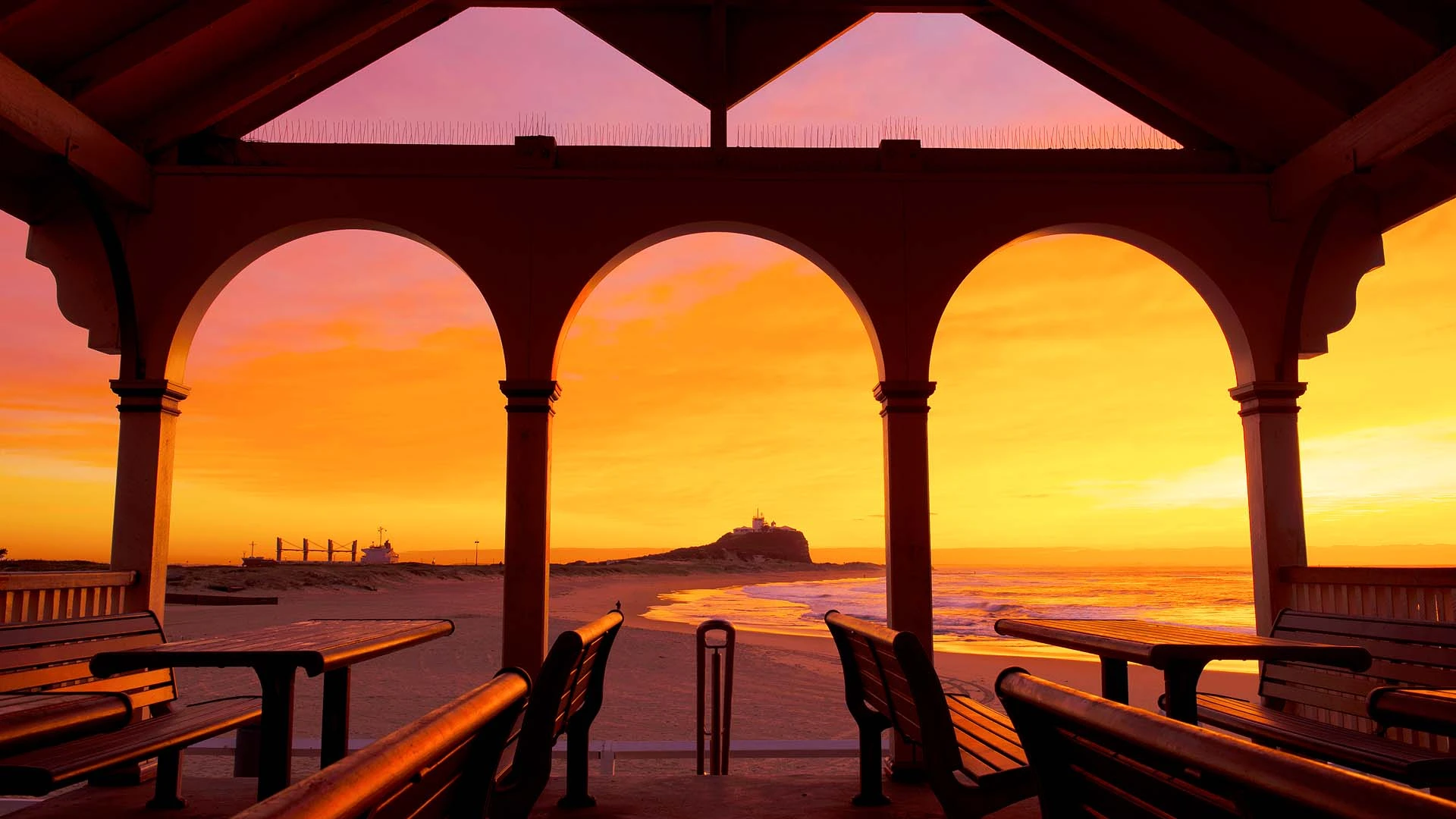 Nobbys Beach pavilion at sunrise